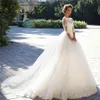 2021 Tulle Beautiful Bride Gowns Fashion Appliques Lace Bateau Neckline Half Sleeve Wedding Dresses with Beading Sash