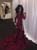 Burgundy Sydafrikanska Mermaid Prom Klänningar Sexig High Neck Guld Appliques Långärmad Court Train Evening Gowns Cocktail Party Dress