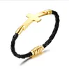 Bracciale in pelle nera da 8 pollici per uomo donna gioielli bracciali con croce di preghiera di Gesù placcati in oro con chiusura magnetica BL-240