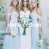 Amsale 2019 vacker draped sky blå off-axel beach boho långa brudtärna klänningar bohemiska bröllopsfest gäst brudtärna klänning billigt