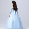 Light Blue Flower Girl Dress Elegant Tulle Lace Girl Wedding Dress Ankle Length Appliques Bead Kids Party Prom Dress First Communion Dresses