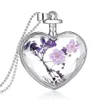 魅力的な紫色の花の女性ドライフラワーハートガラス希望ボトルペンダントネックレスG75