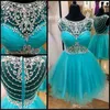 Söt homecoming klänningar 2021 Vestido de Formatura Curto Jewel Beaded Rhinestones Blue Tulle Short Prom Party Dress