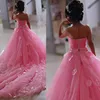 2017 Lovely Pink Little Flower Girls Dresses Lace 3D Hand Made Flowers Sleeveless Chapel Train with Big Bowk Peagent Dresses