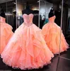 2020 Glamorous Coral Ballkleid Quinceanera Kleider Sweetheart Sweet 16 Prinzessin geraffte Organza bodenlangen Korsett zurück Pageant Kleider