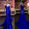 Elegant Royal Blue Evening Gowns Sheer Neck Sleeveless Satin Mermaid Prom Dresses Back Sequined 2017 Miss USA Pageant Party Dress