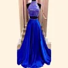 Sexig hög hals två stycken långa balklänningar 2023 Royal Blue aftonklänning sida slits färgglada pärlor kristall lyxiga festklänningar examen