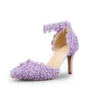 Tira No Tornozelo Sandálias de Verão Handmade Lace Flor Mulheres Saltos Médios Sapatos de Casamento Nupcial Adulto Cerimônia Bombas Roxo Amarelo