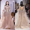 Vestido Elie Saab 2019 Long Sleeve Cristal Prom Vestidos Bordados Jewel decote Luxury Evening vestidos Open Back Tulle formal do partido