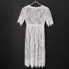 New Women Lace Dress Casual Long Black Short Sleeve O Neck See Through Beach Wear Dresses