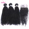 Tissage de cheveux humains vierges bouclés malaisiens avec fermeture 4pcs / lot de fermetures de dentelle et 3 faisceaux