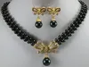 18K Geel Gold GP 6-7mm Black PearlShell Pearl ketting Earring 17 "-18" Asa