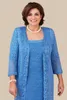 Ann Balon Blue Mother of the Bride Dresses With Long Jacket Lace Mothers Wedding Gästklänning Te Längd Plus Size Mother's GR287G