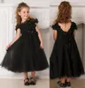 Vestido de niña de flores negro con cuentas apliques florales en 3d flores de tul vestido de niña de flores hasta el té para boda gótica