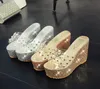 модные блестки блестками заклепки обувь серебро золото высокая платформа танкетка сандалии женская обувь 2017 Размер 35 до 39