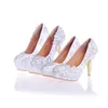 Mais novo Designer Lace Elegante com Strass Branco Sapatas Festa de Prom Noiva Casamento Alto Salto Handmake 4 Polegadas Plataformas Mulheres Sapatos