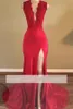 Red Prom Dresses Mermaid 2020 Sexy Deep V Neck High Split Formalna Suknia Wieczorowa Otwórz Powrót Crystal Prom Suknie New Arrival