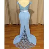 Light Sky Blue Evening Dress Mermaid Off Shoulder Open Back Lace Bridesmaid Formal Party Gowns Modern Custom Made New Real Po8651276