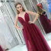 Dark Red Tulle Cheap Evening Dresses V Neck Thin Straps Sexy Burgundy Prom Party Gowns B015