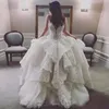 Luxury 2017 Lace Tiered Ruffle Wedding Dresses Sexy Sheer Neckline Lace Up Back Beaded Long Bridal Gowns Custom Made China EN4181