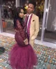 2017 Borgogna Mermaid Prom Dresses Dubai Maniche lunghe Illusion Corpetto Abiti da sera Tappeto rosso Vestidos De Fiesta Abiti celebrità