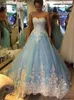 Light Blue Wedding Dresses Colorful Sweetheart Sleeveless Lace Appliques Tulle Bridal Gowns with Court Train Lace-up Back