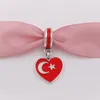 Andy Jewel 925 Mercadas prateadas Bandeira do coração Turquia Vermelho esmalte branco se encaixa no colar europeu Pandora Style Style