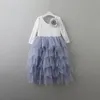 Retail New Girls Lace Dress Flower Tiered Tulle Maxi Dress Long Sleeve Princess For Wedding Party Children Clothes 110Y E171042241956693