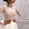 Saudi Arabian High Low Ball Gown Wedding Dress High Neck Crystal Beaded Sheer Lace Long Sleeve Bridal Gowns vestido de noiva