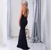 Elegant Simple Black Mermaid Evening Dresses Halter V Neck Sexy Backless Criss-Cross Long Prom Dresses Under 100 BA4507