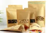 Gratis frakt 10x15 + 3cm 100pcs x Brown Standing Kraft Paper ZiPlock med transparens Fönster-Rolosable Flower Tea Storage Påse, Socker Sack