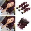 Dark Root Ombre 1B 99J Burgundy Two Tone Human Hair Weft Bundles With Full Frontals Wine Red Ombre Hair Weaves With Frontal Closure