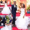 African Mermaid Wedding Dresses Sheer Neck Sleeveless Bridal Gowns Tulle Ruffles Plus Size Wedding Vestidos Custom Made