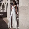 Chiffon Bateau decote A-line Vestidos de casamento com Renda apliques de fenda frontal elegante Chiffon mangas curtas vestido nupcial