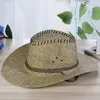 Sommar mode män solid halm västra cowboy hatt med rep vild curling brim keps haka rem strand sol hattar UV skydd