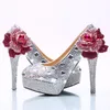 Wedding Ceremony Shoes 14cm High Heel Silver Rhinestone Bridal Dress Shoes with Purple Crystal Flower Party Prom Pumps