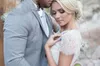 2019 Bohemian w kolorze ślubnym suknie ślubne z krótkim rękawem szyi klejnot linia miękka czapka tiulowa rękaw boho koronkowy jasnoniebieski sukien ślubny 2339