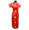 Al por mayor- Tang Show negro rojo vestido tradicional chino Satén de seda Qipao Long Cheongsam flor más tamaño 4XL 5XL 6XL YQ2089