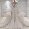 Luxury Dubai Wedding Dress Plus Size Mermaid Wedding Gowns Bling Crystals Beaded Embroidery Bridal Dresses with Detachable Train