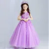 Fioletowy Tulle Koronki Kwiat Dziewczyna Suknia Ślubna Kostki Długość Aplikacje Koraliki Party Party Prom Dresses First Communion Suknie