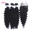 4pcs / lot malaisien vague profonde vierge cheveux humains tisse avec fermeture 4 * 4taille fermeture de dentelle avec 3 faisceaux non transformés malaisiens cheveux bouclés profonds