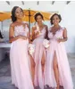 Pink Chiffon High Split Bridesmaid Dresses 2018 Sheer Neck Lace Appliques Long Wedding Guest Formal Party Gowns Floor Length Women Dress