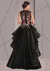 Juweel Hals A-Lijn Hi-Lo Avondjurken met Beaded Lace Applicaties Zien via Black Prom Dress Vestidos Largos de Fiesta Mujer