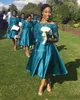 Krótkie sukienki Druhna 2018 Vintage Tanie dla wesela Teal Satin Lace Illusion Pół Rękawy Długość herbaty Plus Size Maid of Honor Suknie