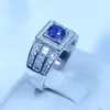 Whole Luxury Jewelry Pure Real Soild 925 Sterling Silver Blue Sapphire 5A CZ Round Cut Gemstones Wedding Men Band Ring Gift Si2784