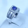 Groothandel Luxe Sieraden Pure Real Soild 925 Sterling Zilver Blauwe Saffier 5A CZ Ronde Geslepen Edelstenen Bruiloft Mannen Band Ring Gift Maat 8-13