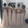 3D bloemen geappliceerd lange bruidsmeisjes jurken chiffon tule pure juweel cap mouwen vloer lengte bruiloft gasten bruidsmeisje jassen