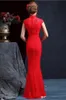 Hochwertiges, hochgeschlossenes, ärmelloses chinesisches Meerjungfrau-Cheongsam-Hochzeitskleid, bodenlang, Reißverschluss hinten, rotes Spitzenhochzeitskleid Bridal7297858