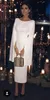 Şık Basit Fildişi Coat Spandex Düz Gelinlik Örme Scoop Boyun çizgisi Çay Boyu Custom Made Akşam Parti Elbise