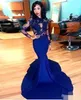 Azul Royal Longo Rendas Vestidos de Noite 2019 Sheer Applique Manga Longa Até O Chão Trecho Sereia De Cetim Vestidos de Baile Árabe